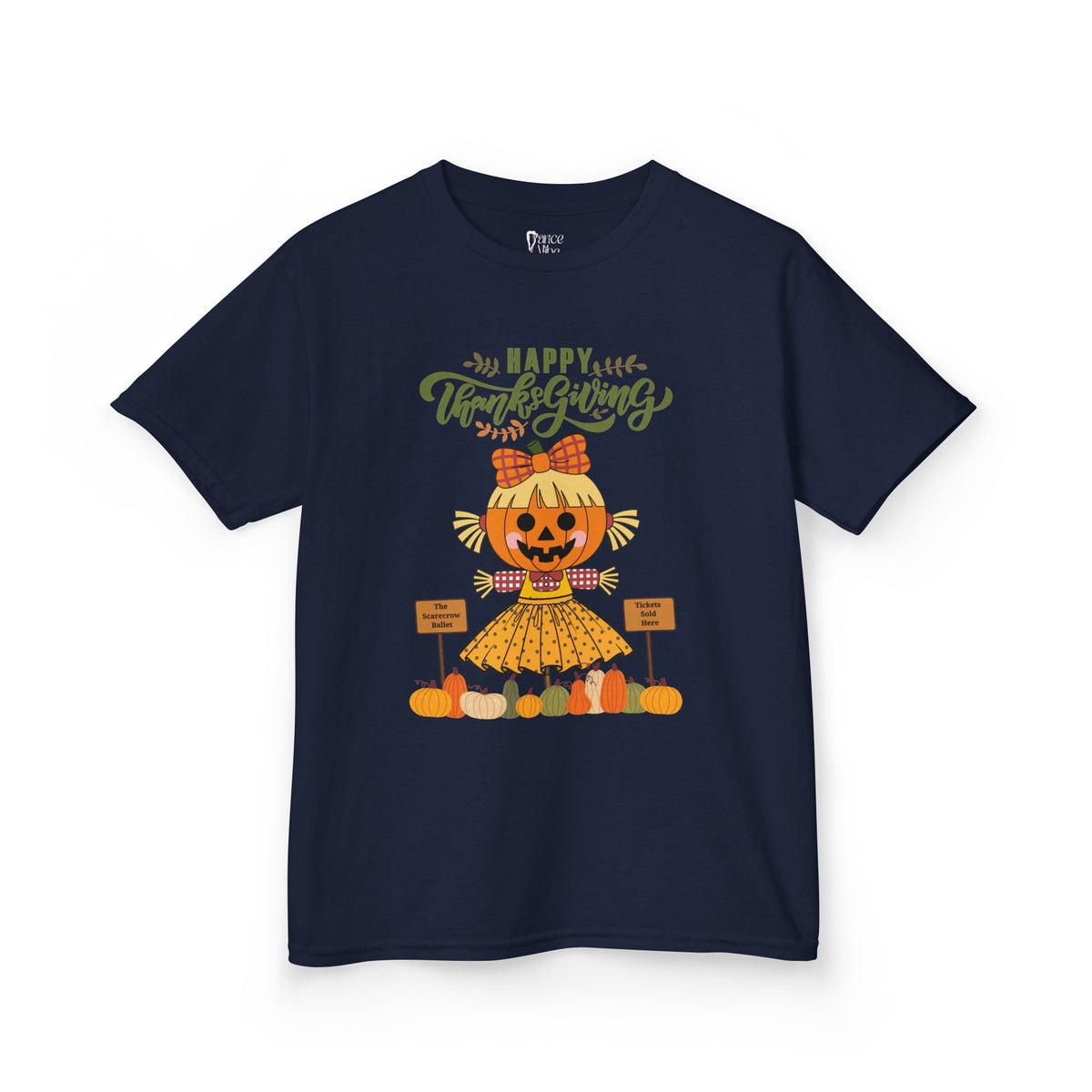 Kids navy Thanksgiving t-shirt with a scarecrow ballerina design and a Happy Thanksgiving text.