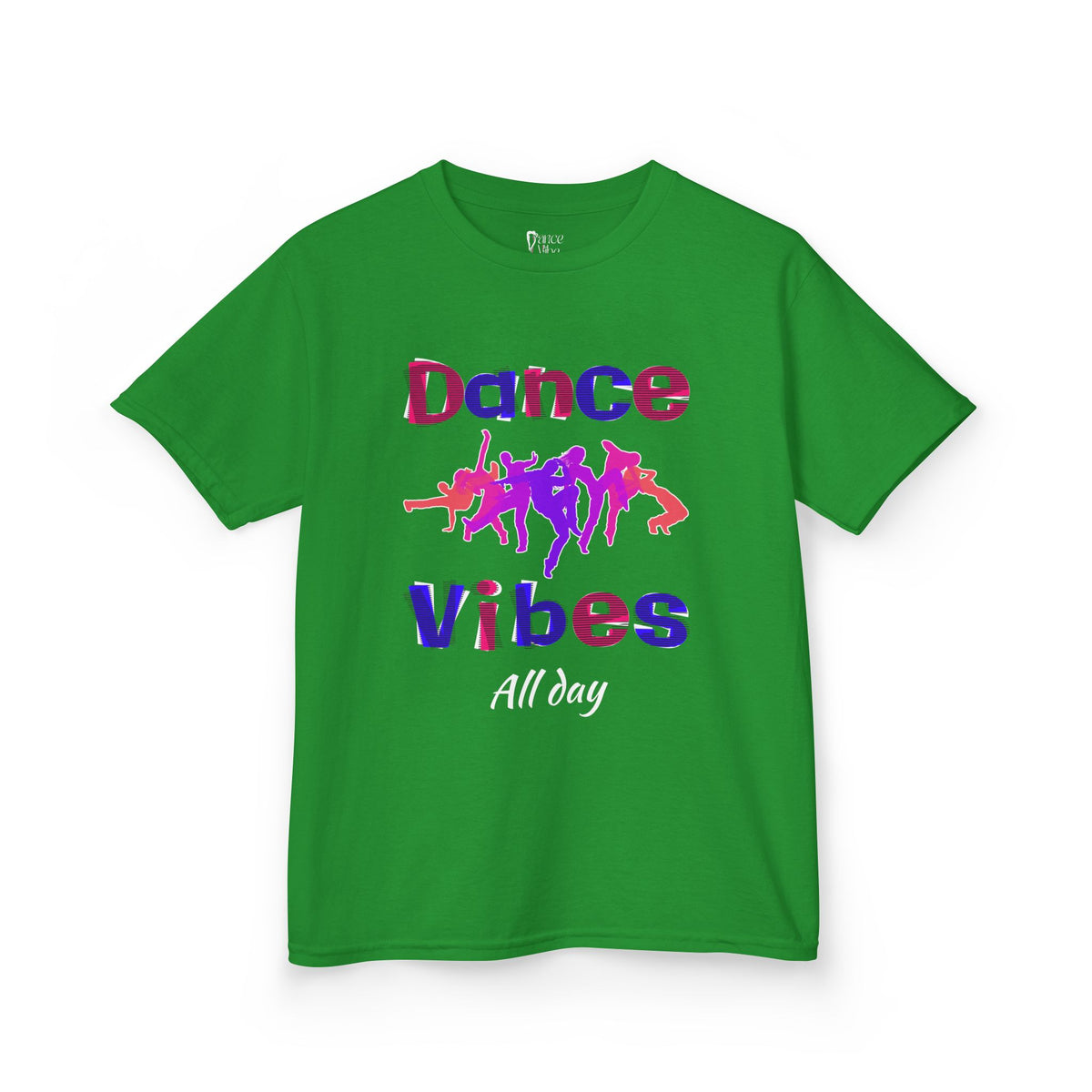 Front view of a youth Gildan 5000B heavy cotton t-shirt in irish green with a Dance Vibes All Day text and graphic