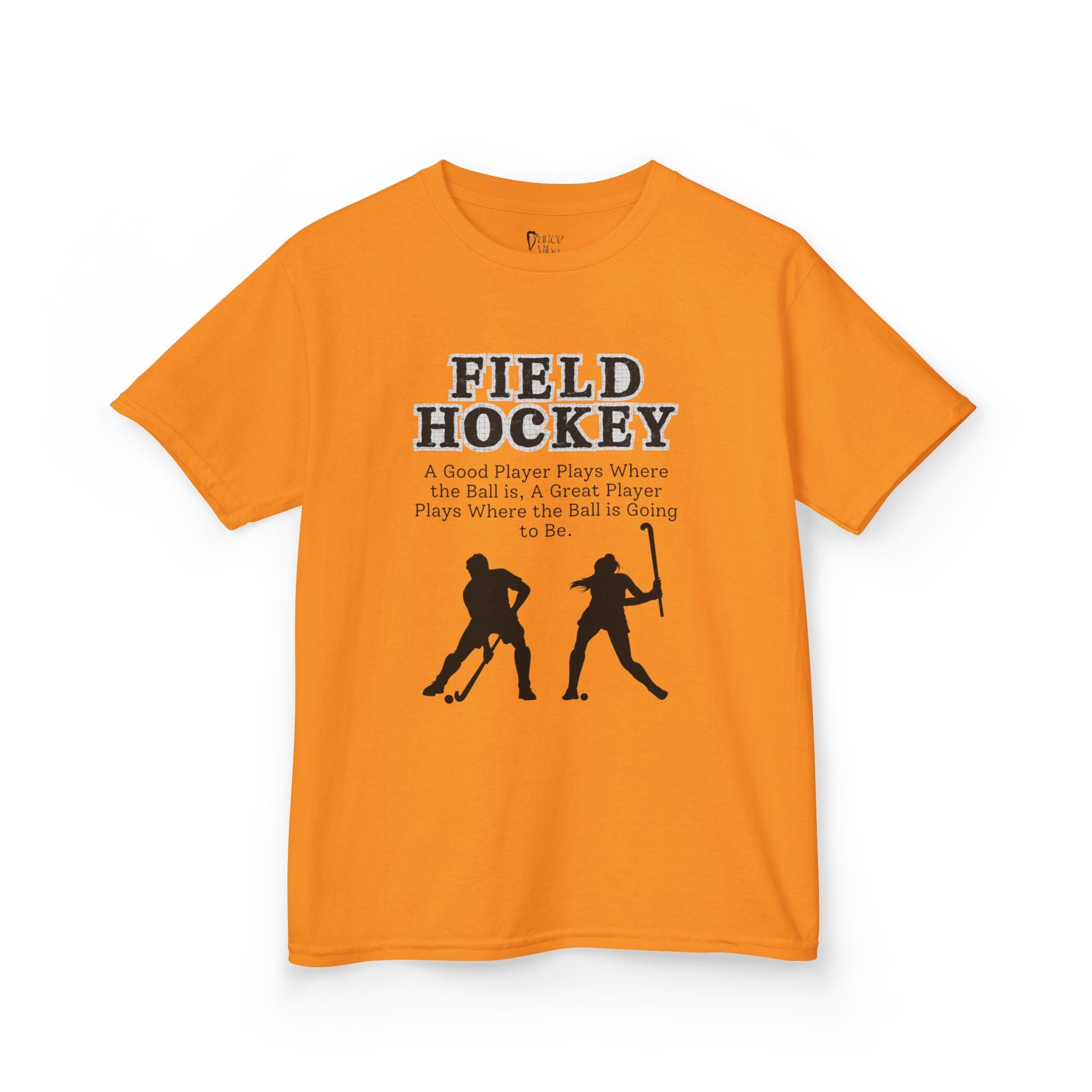 Front view of a youth Gildan 5000B heavy cotton t-shirt in tennessee orange with a Field Hockey text and graphic