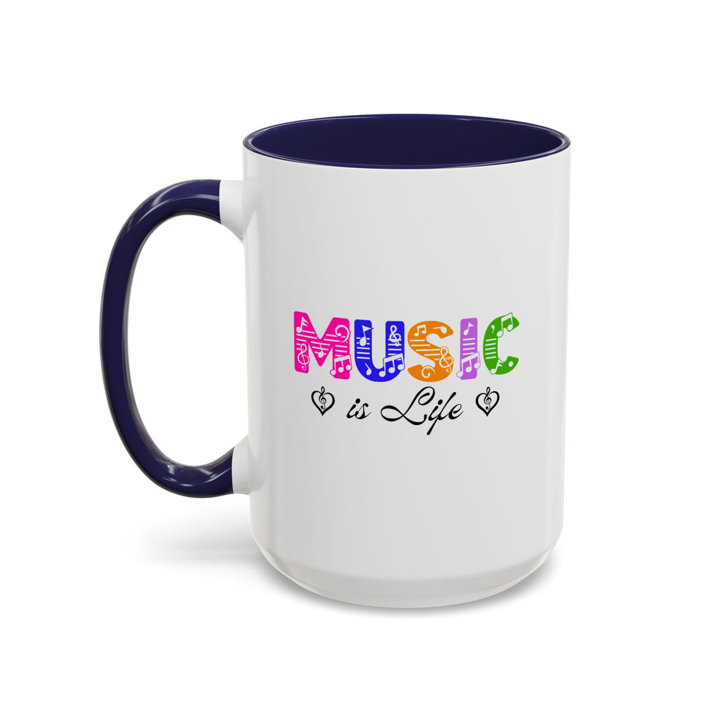 15oz white ceramic Rainbow Music is Life mug with navy handle and interior Left handed view