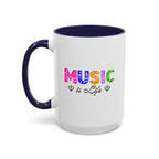 15oz white ceramic Rainbow Music is Life mug with navy handle and interior Left handed view