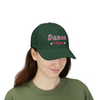Woman wearing a spruce embroidered classic dad cap hat with a Dance Mom text and graphic