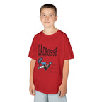 Young boy wearing a youth Gildan 5000B heavy cotton t-shirt in red with a Boys Lacrosse design