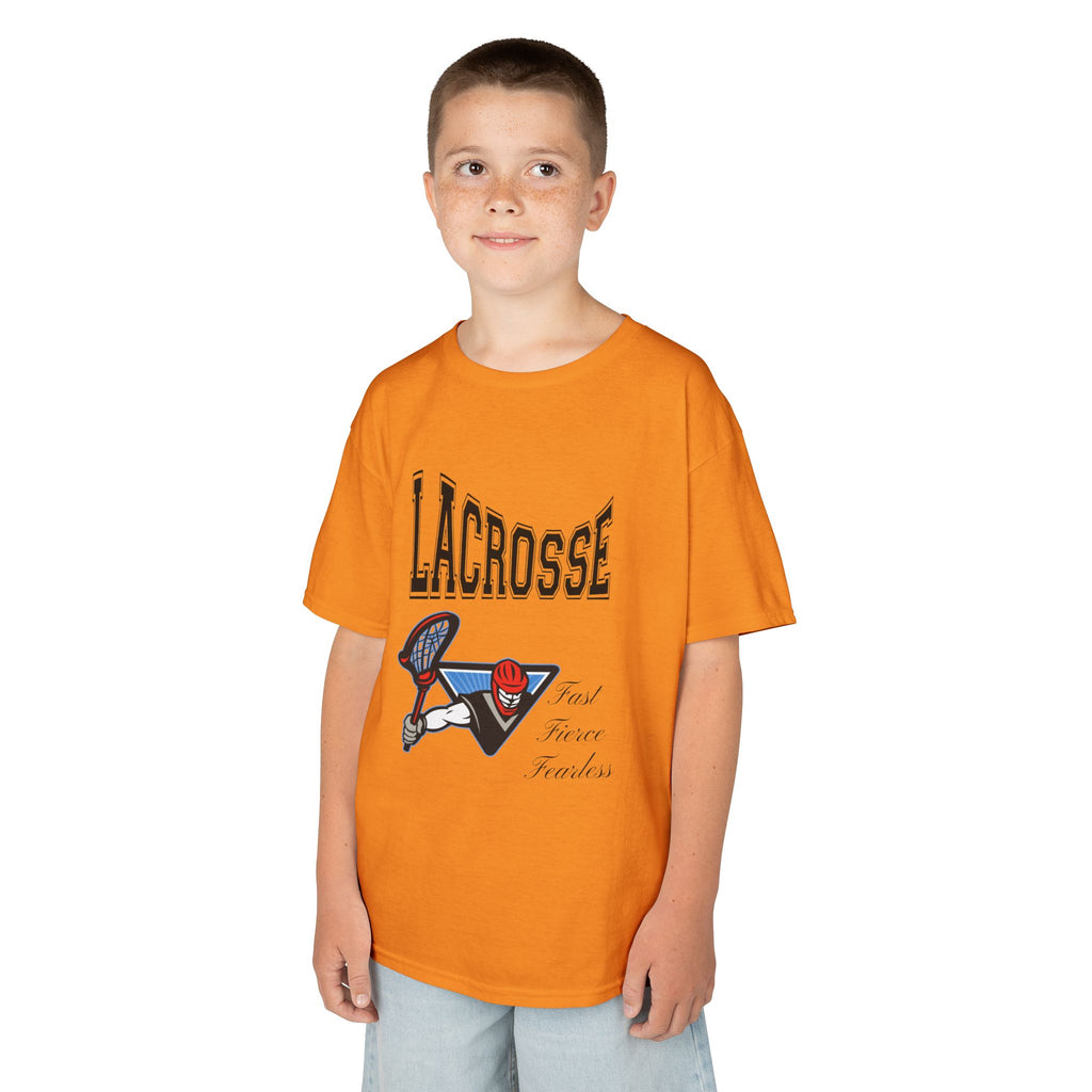 Young boy wearing a youth Gildan 5000B heavy cotton t-shirt in tennessee orange with a Boys Lacrosse design