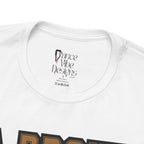 Close-up of a white crewneck t-shirt's inner neck label printed with the brand Dance Vibe Designs logo above the care instructions.