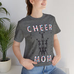 A woman wearing a deep heather graphic t-shirt with CHEER GO TEAM MOM text and graphic on the front.