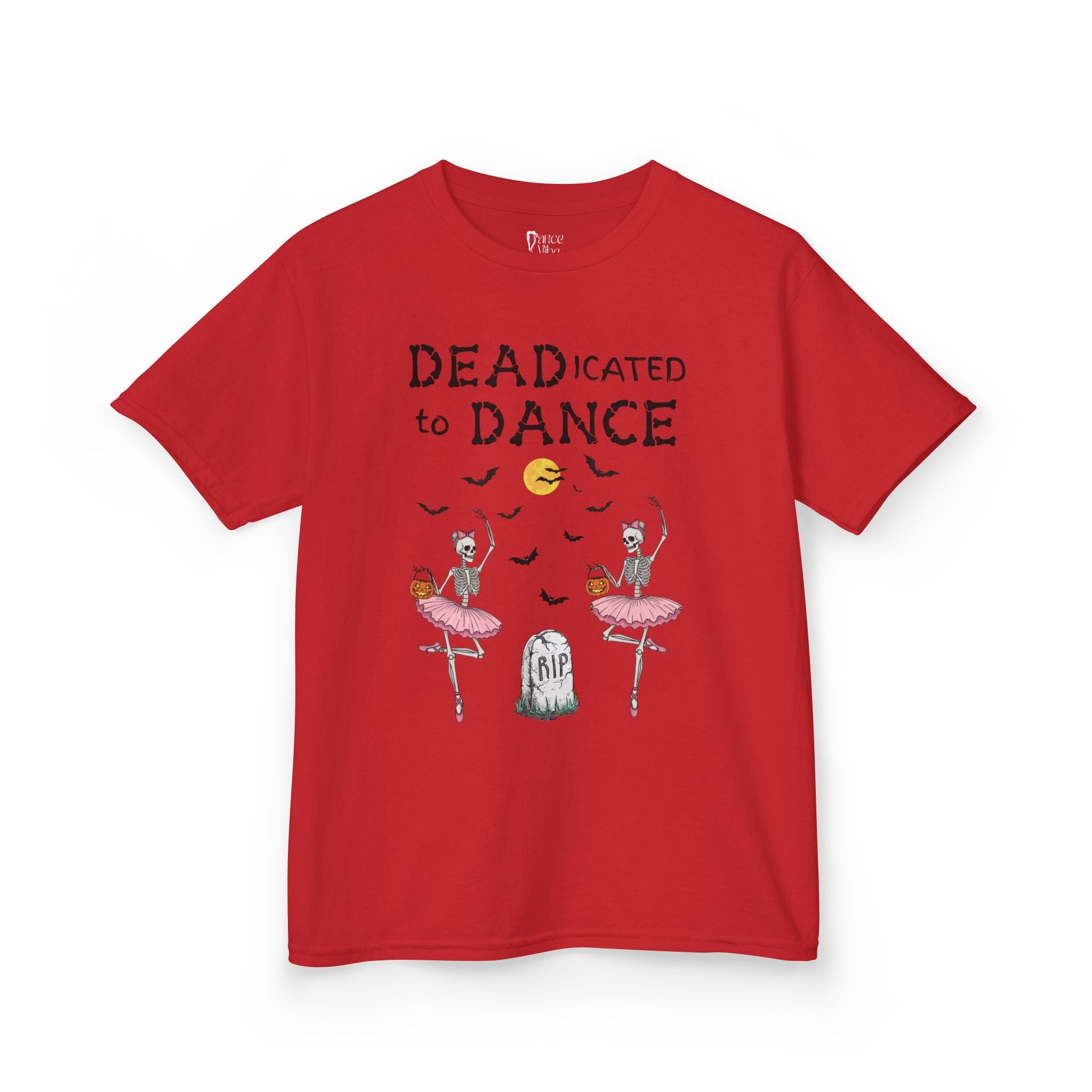 Front view of a youth Gildan 5000B heavy cotton t-shirt in red with a Deadicated to Dance Halloween theme