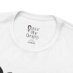 Close-up of a crewneck t-shirt showing the inner neck label with the brand Dance Vibe Designs printed above the care instructions.