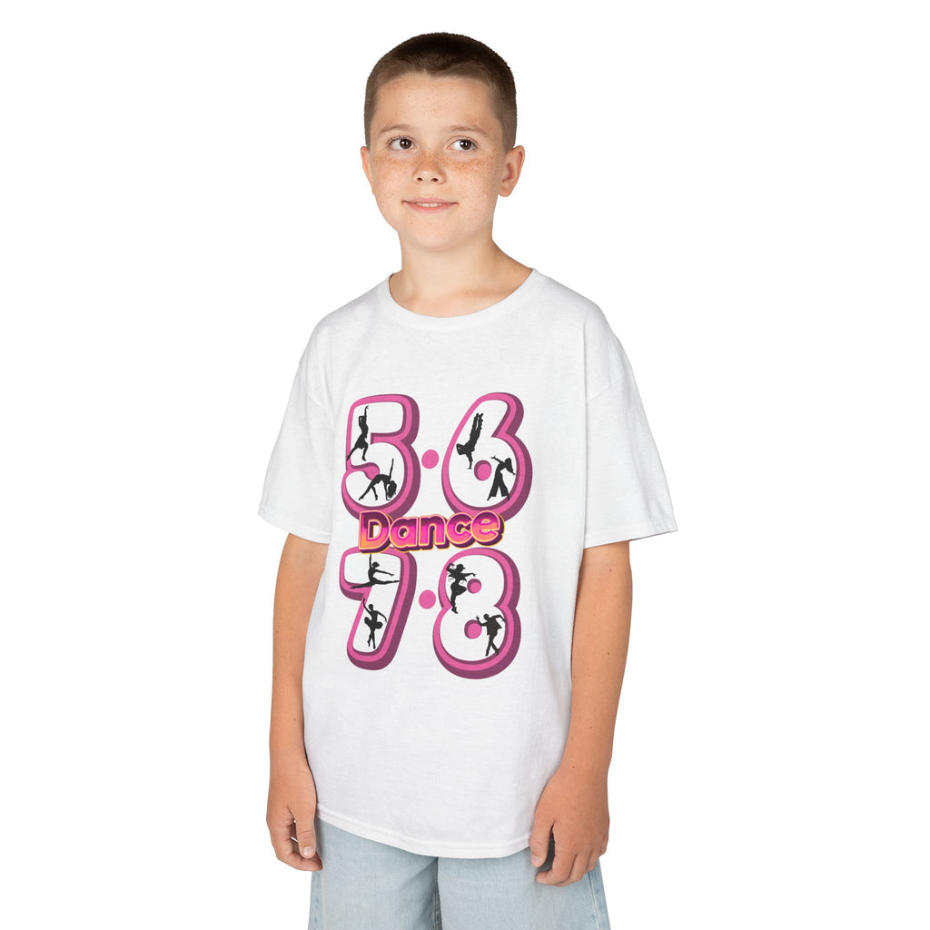 Young boy wearing a Gildan 5000B heavy cotton t-shirt in white with a 5678 Dance text and graphic