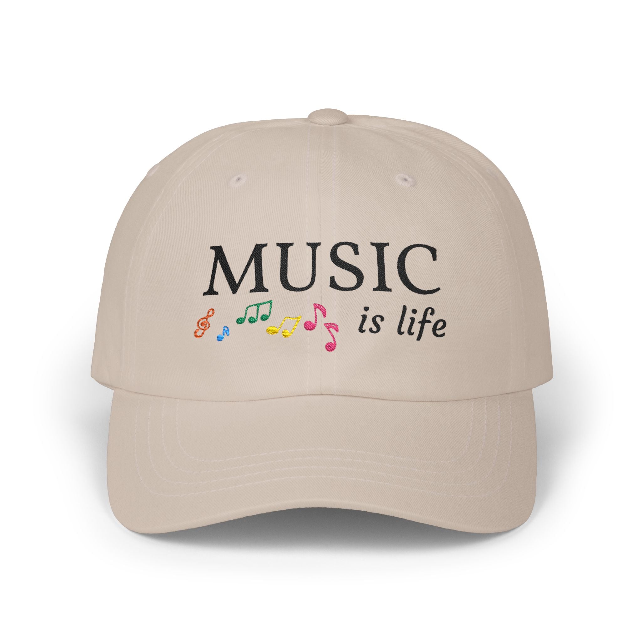 Stone embroidered classic dad cap hat with a Music is Life text and graphic Front view
