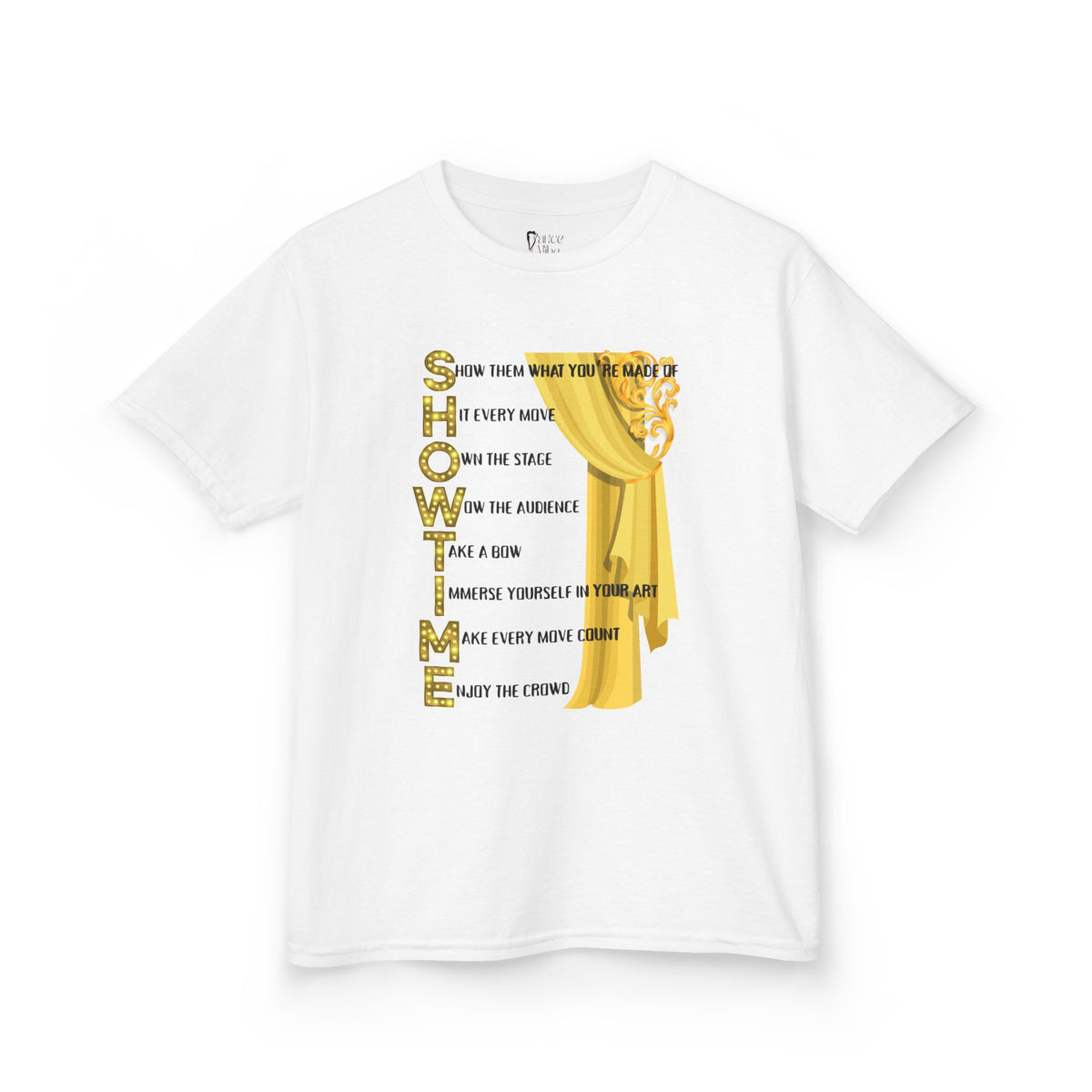 Front view of a youth Gildan 5000B heavy cotton t-shirt in white with a Showtime text and graphic 