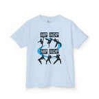 Front view of a youth Gildan 5000B heavy cotton t-shirt in light blue with a Hip Hop text and dancers