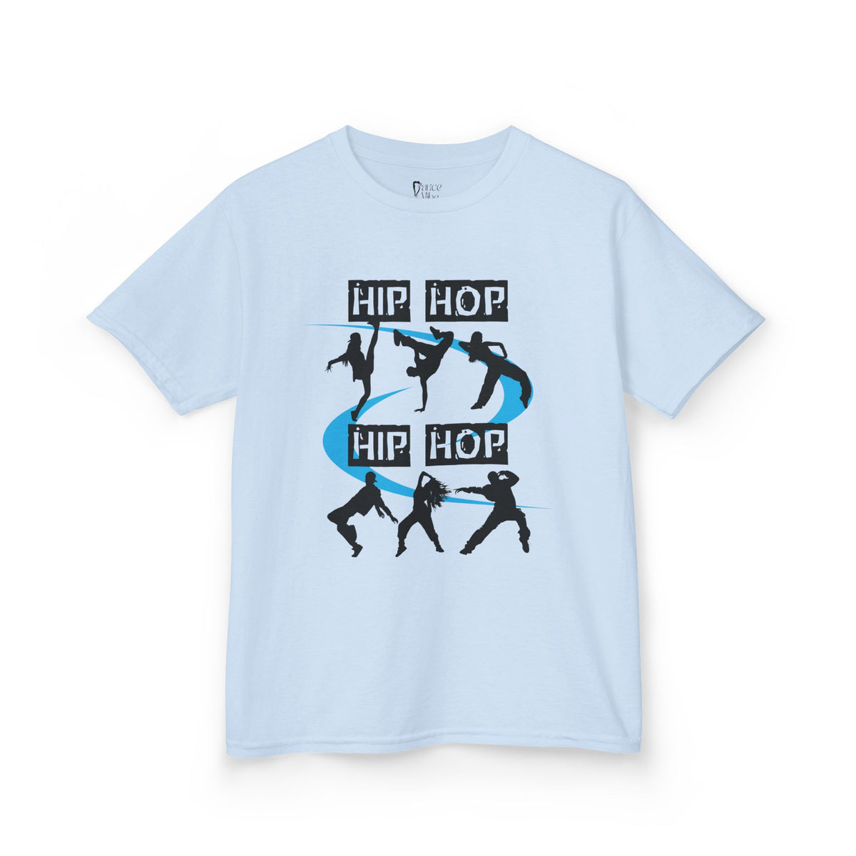 Front view of a youth Gildan 5000B heavy cotton t-shirt in light blue with a Hip Hop text and dancers