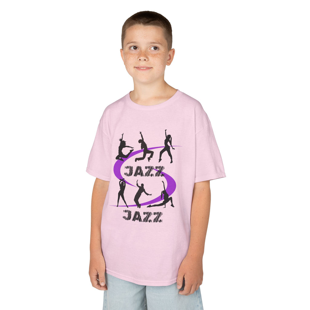 Young boy wearing a youth Gildan 5000B heavy cotton t-shirt in light pink with a Jazz Dance text and graphic