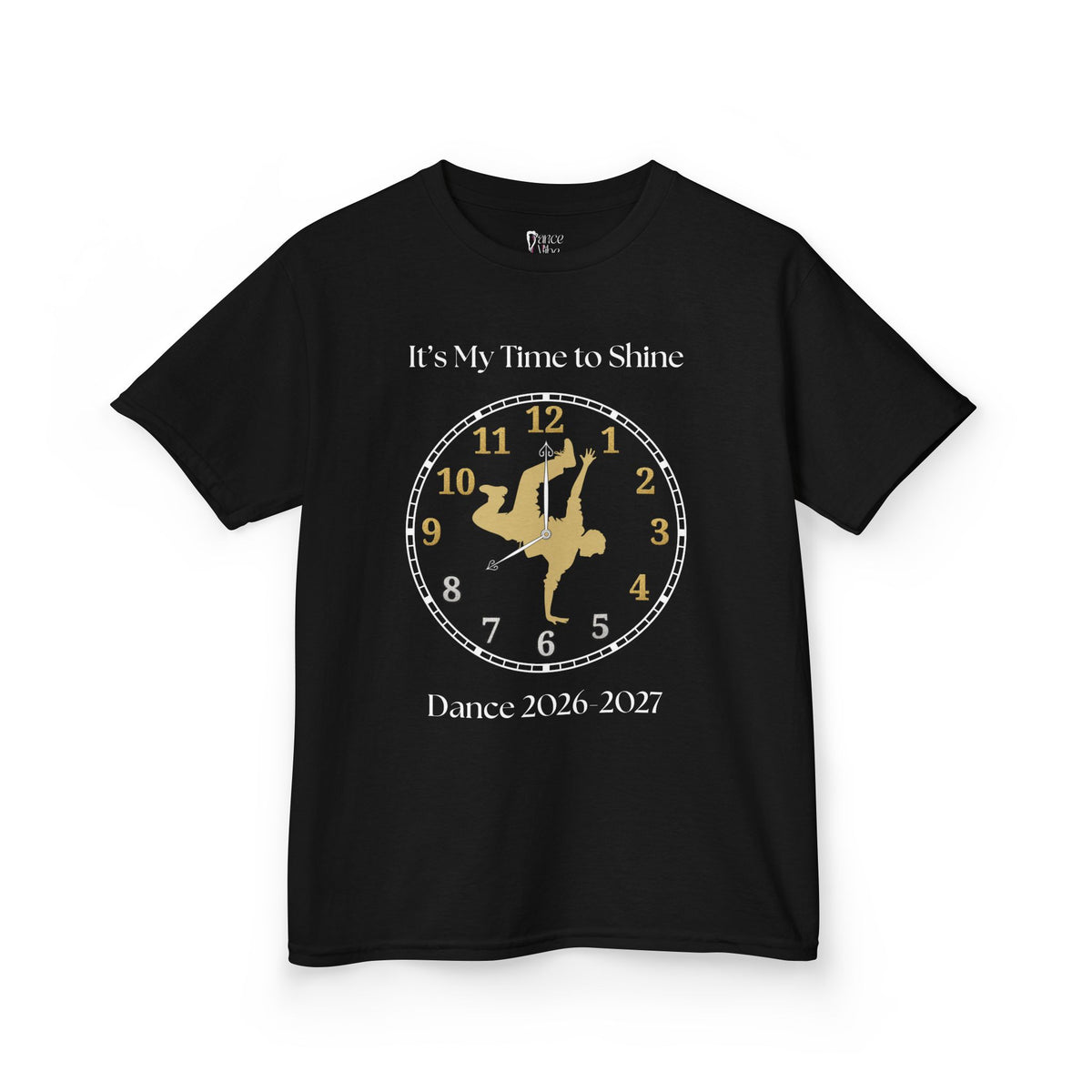 Front view of a youth Gildan 5000B heavy cotton t-shirt in black with an It's My Time to Shine Breakdance 2026-2027 theme