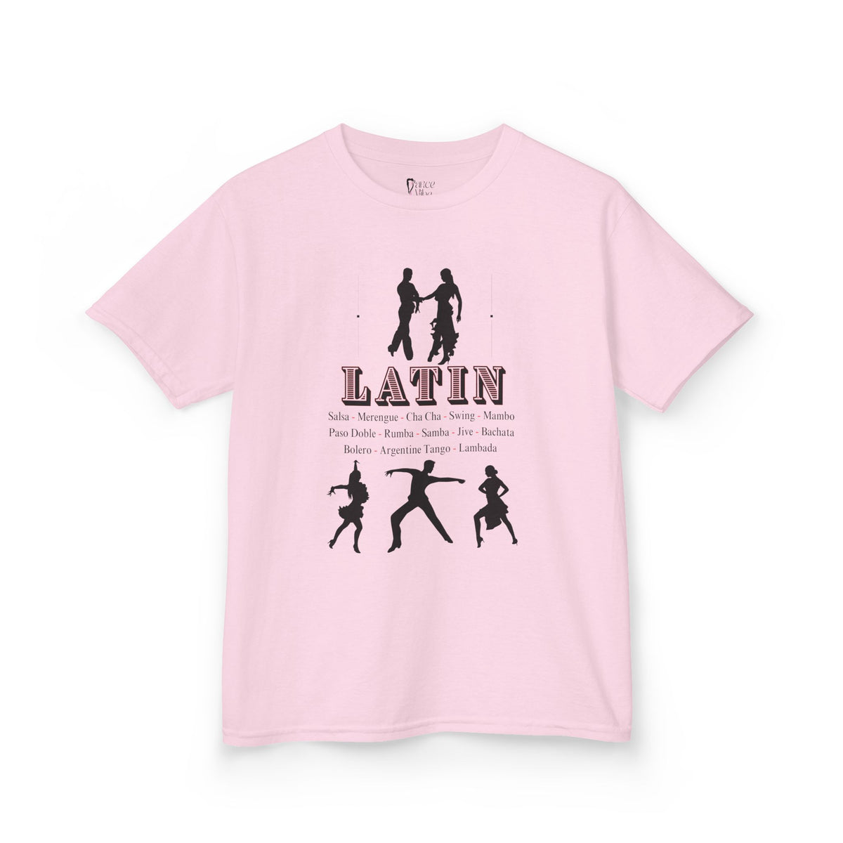 Front view of a youth Gildan 5000B heavy cotton t-shirt in light pink with a Latin Dance Style theme