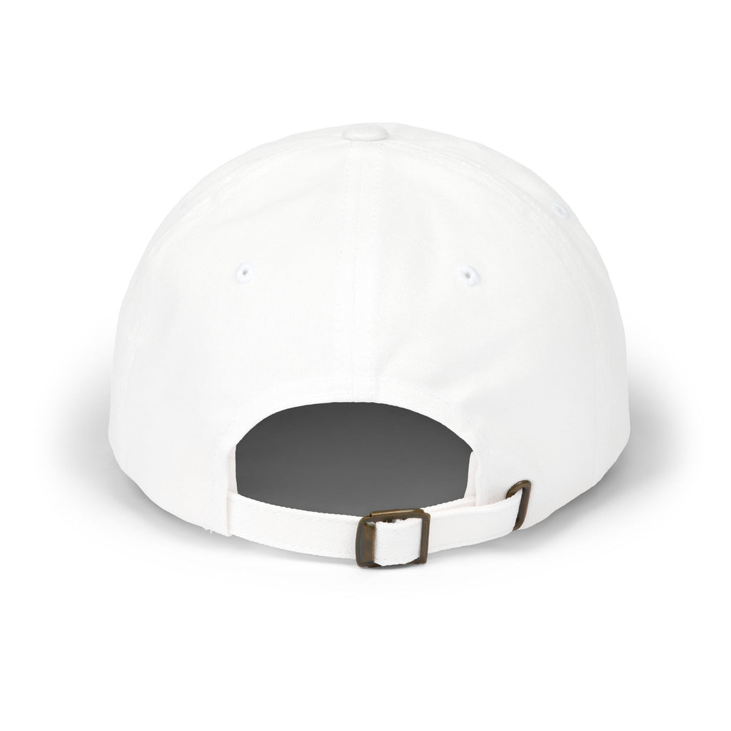 Back view of a white baseball cap with an adjustable strap.