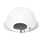 Back view of a white baseball cap with an adjustable strap.