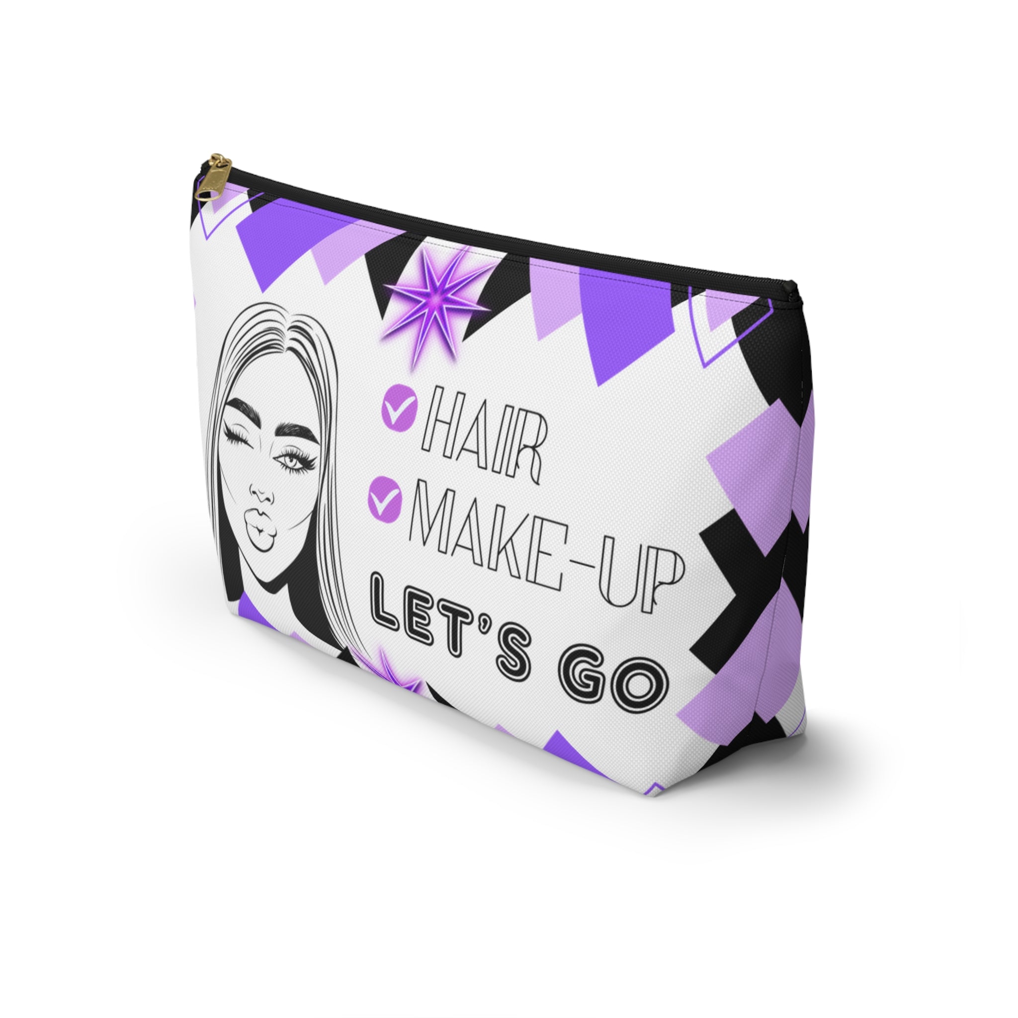 Hair Make up Let's go themed travel pouch with geometric design and face illustration on a white background with black zipper side view