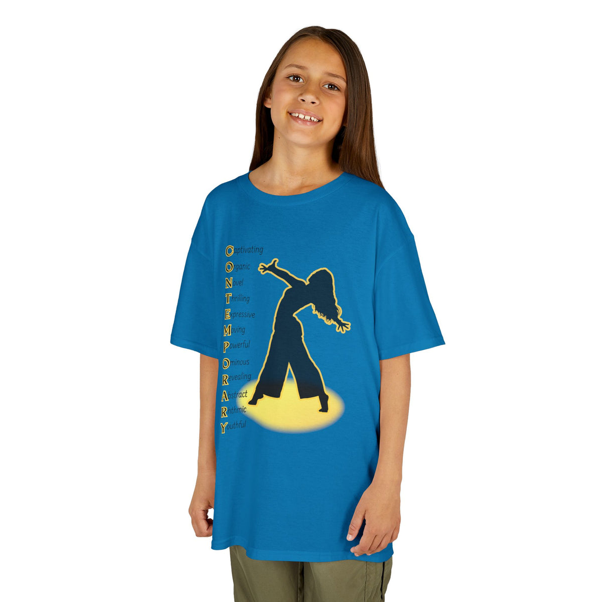 Young girl wearing a youth Gildan 5000B heavy cotton t-shirt in sapphire with a Contemporary Dance text and graphic