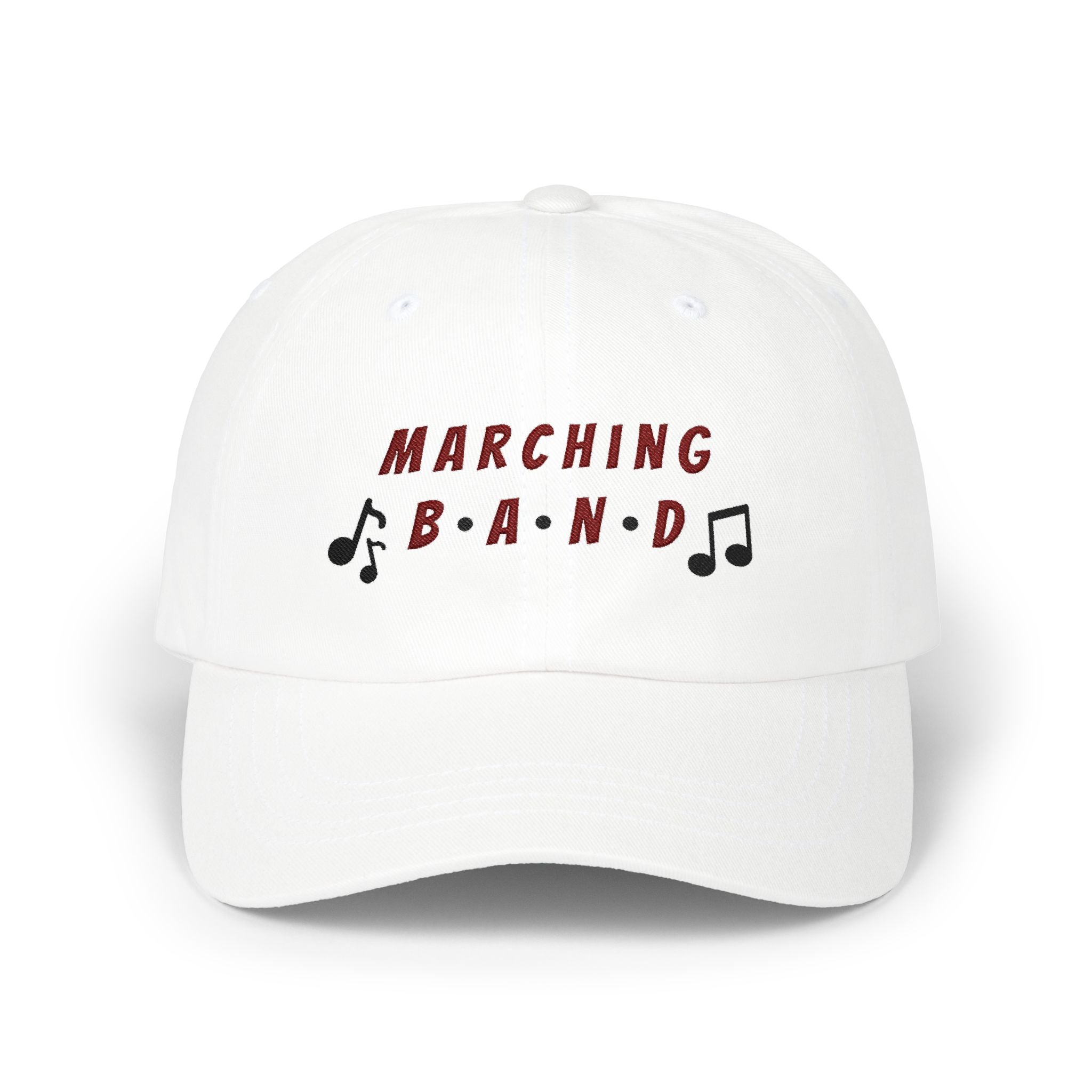 White embroidered classic dad cap hat with a Marching Band text and musical note graphic Front view