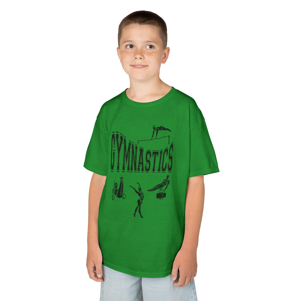 Young boy wearing a youth Gildan 5000B heavy cotton t-shirt in irish green with a gymnastics text and graphic