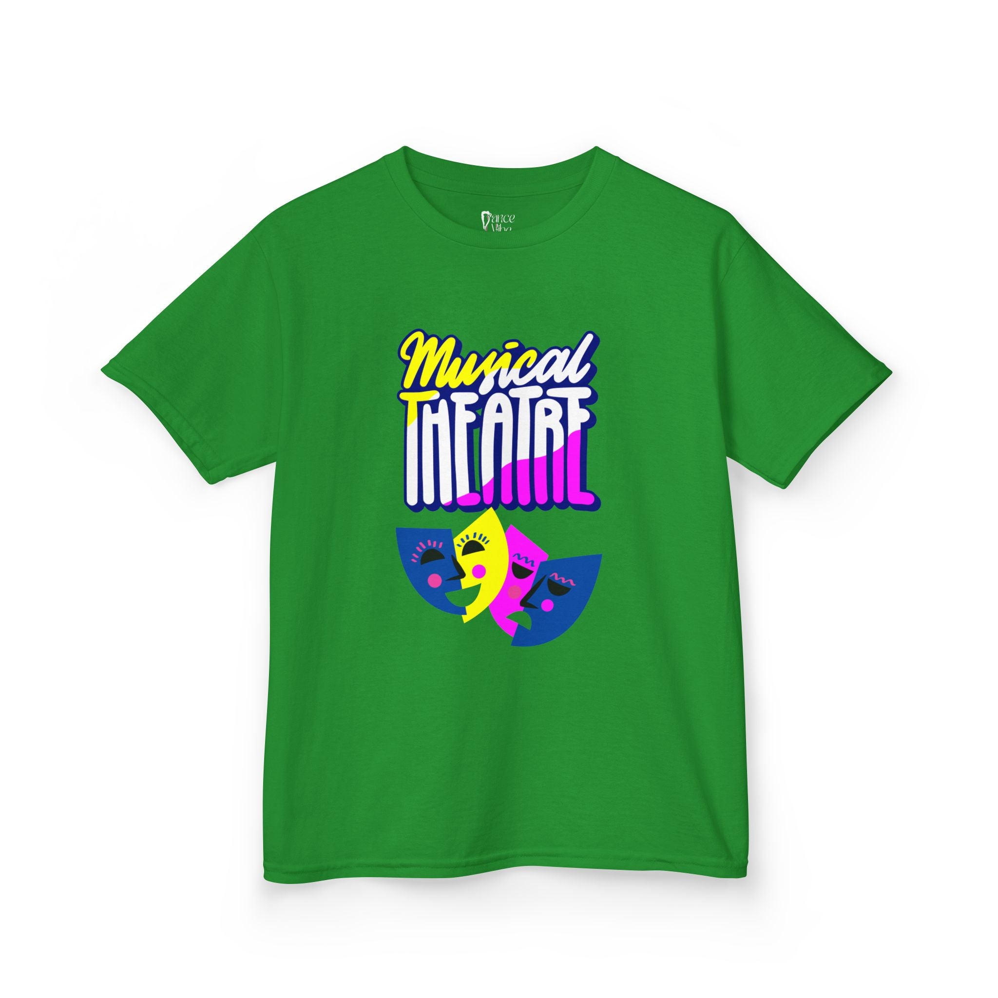 Front view of a youth Gildan 5000B heavy cotton t-shirt in irish green with a Musical Theater rainbow mask graphic
