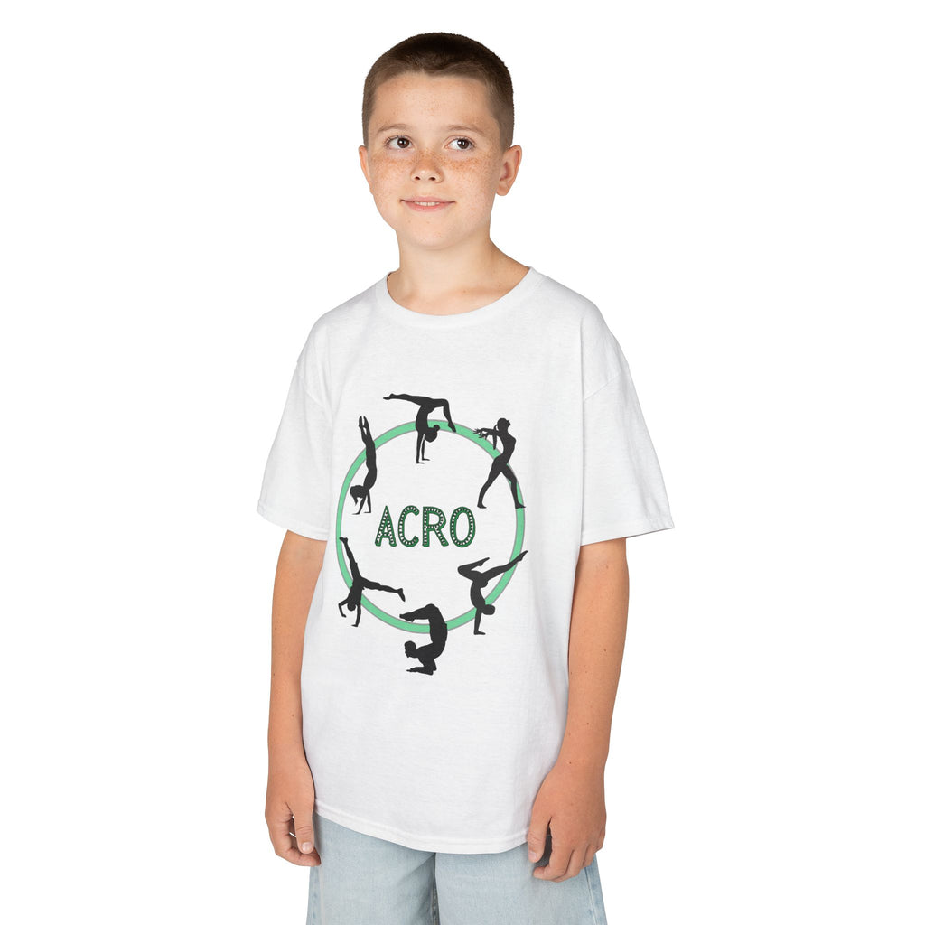Young boy wearing a youth Gildan 5000B heavy cotton t-shirt in white with an Acro Gymnastics theme