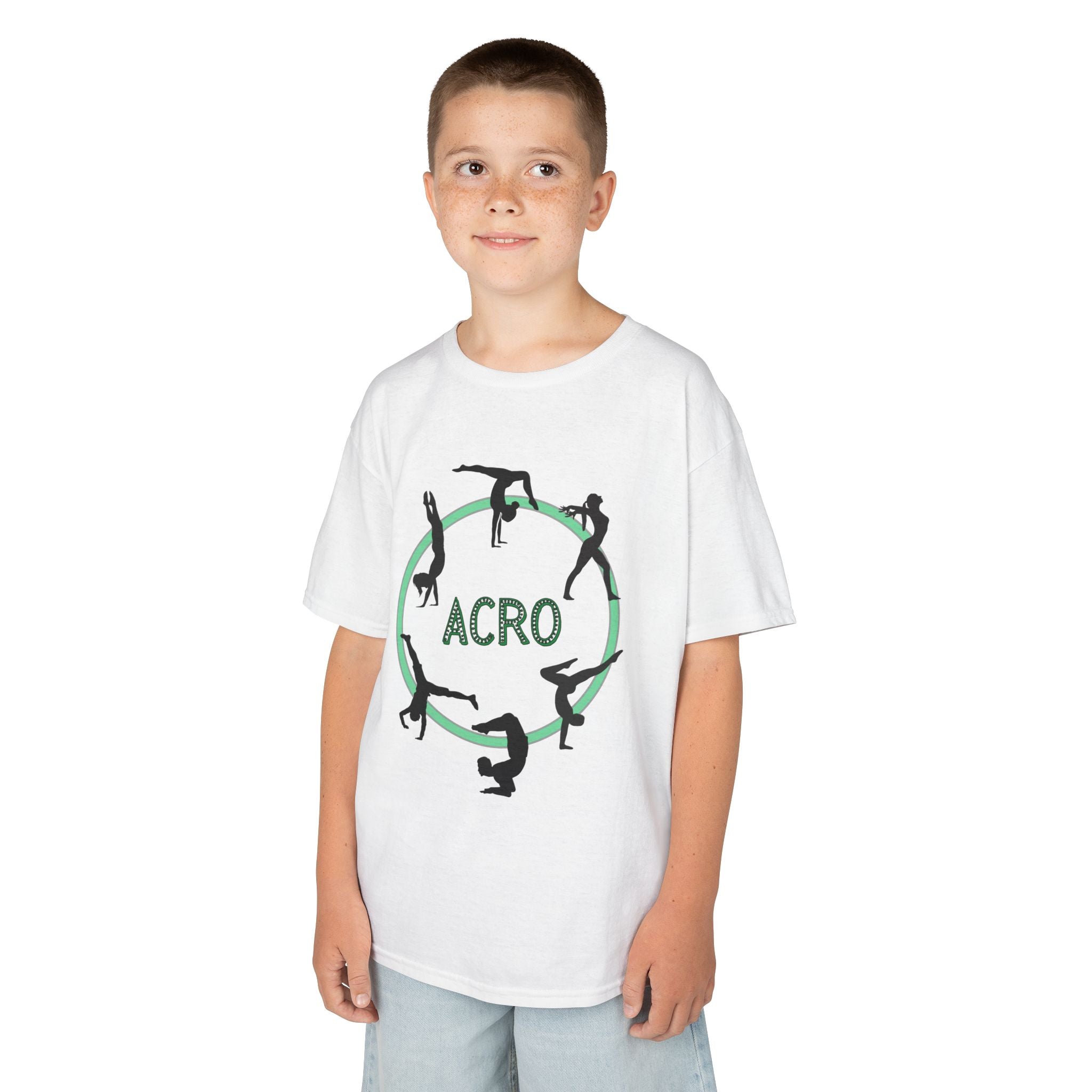 Young boy wearing a youth Gildan 5000B heavy cotton t-shirt in white with an Acro Gymnastics theme