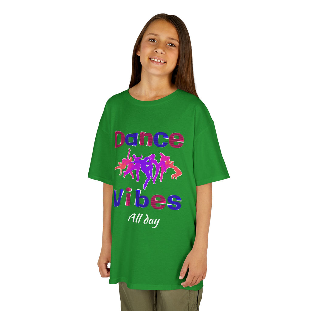 Young girl wearing a youth Gildan 5000B heavy cotton t-shirt in irish green with a Dance Vibes All Day text and graphic