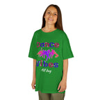 Young girl wearing a youth Gildan 5000B heavy cotton t-shirt in irish green with a Dance Vibes All Day text and graphic