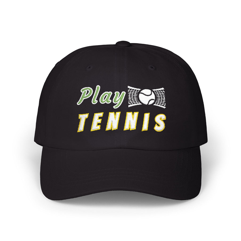 A black baseball cap featuring the embroidered text Play TENNIS on the front. 