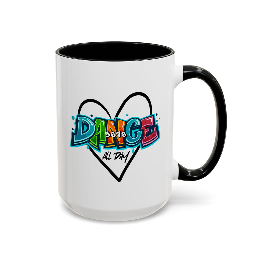 15oz white ceramic Dance All Day mug with black handle and interior Right handed view