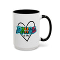 15oz white ceramic Dance All Day mug with black handle and interior Right handed view