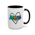 15oz white ceramic Dance All Day mug with black handle and interior Right handed view