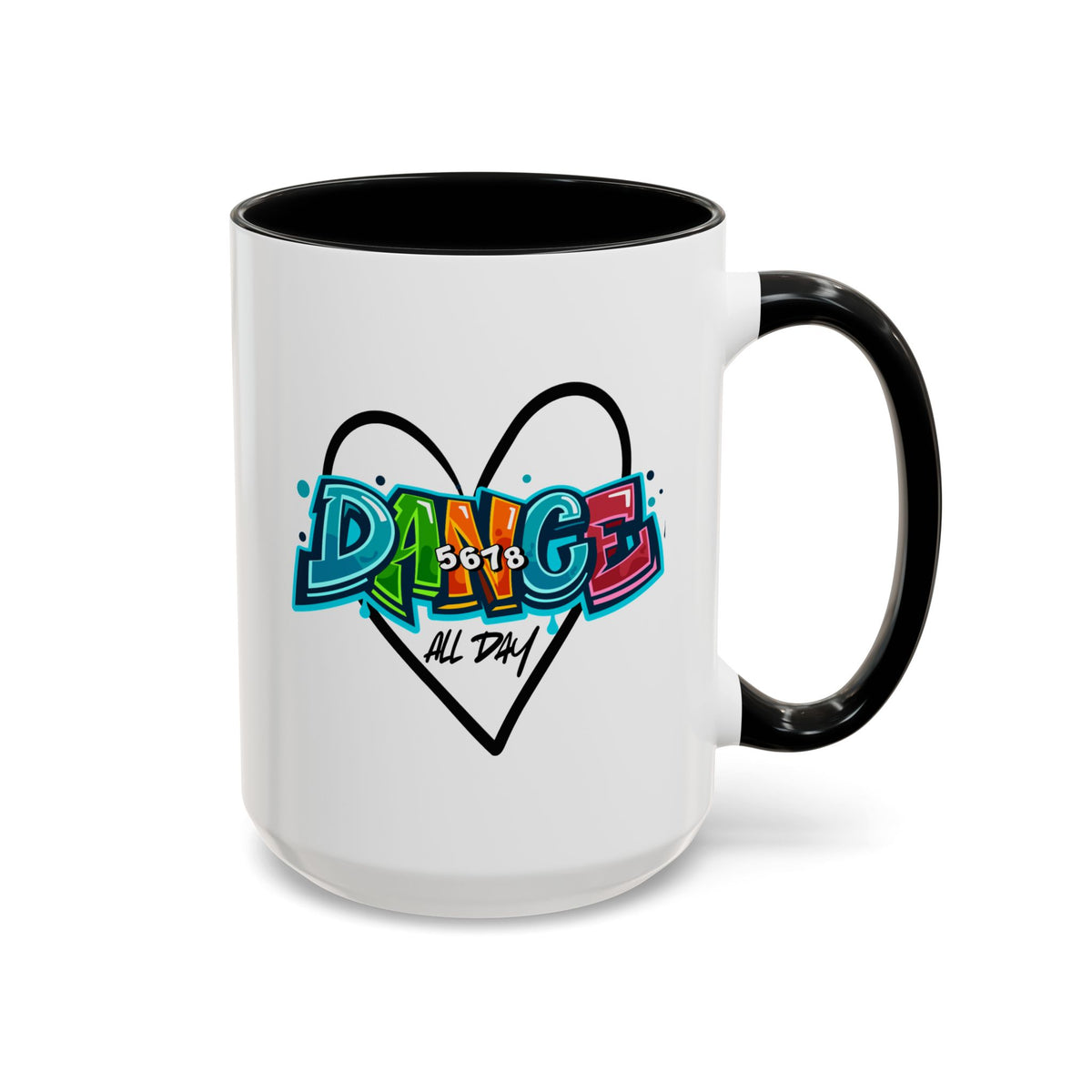 15oz white ceramic Dance All Day mug with black handle and interior Right handed view