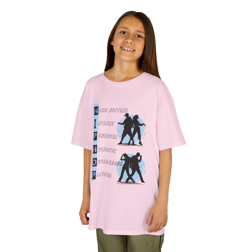 Young girl wearing a youth Gildan 5000B heavy cotton t-shirt in light pink with dancing Hip Hop Couples