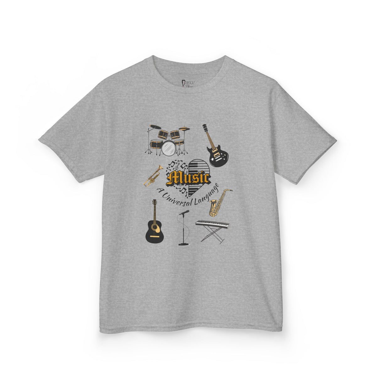 Front view of a youth Gildan 5000B heavy cotton t-shirt in sport grey with a Music A Universal Language theme