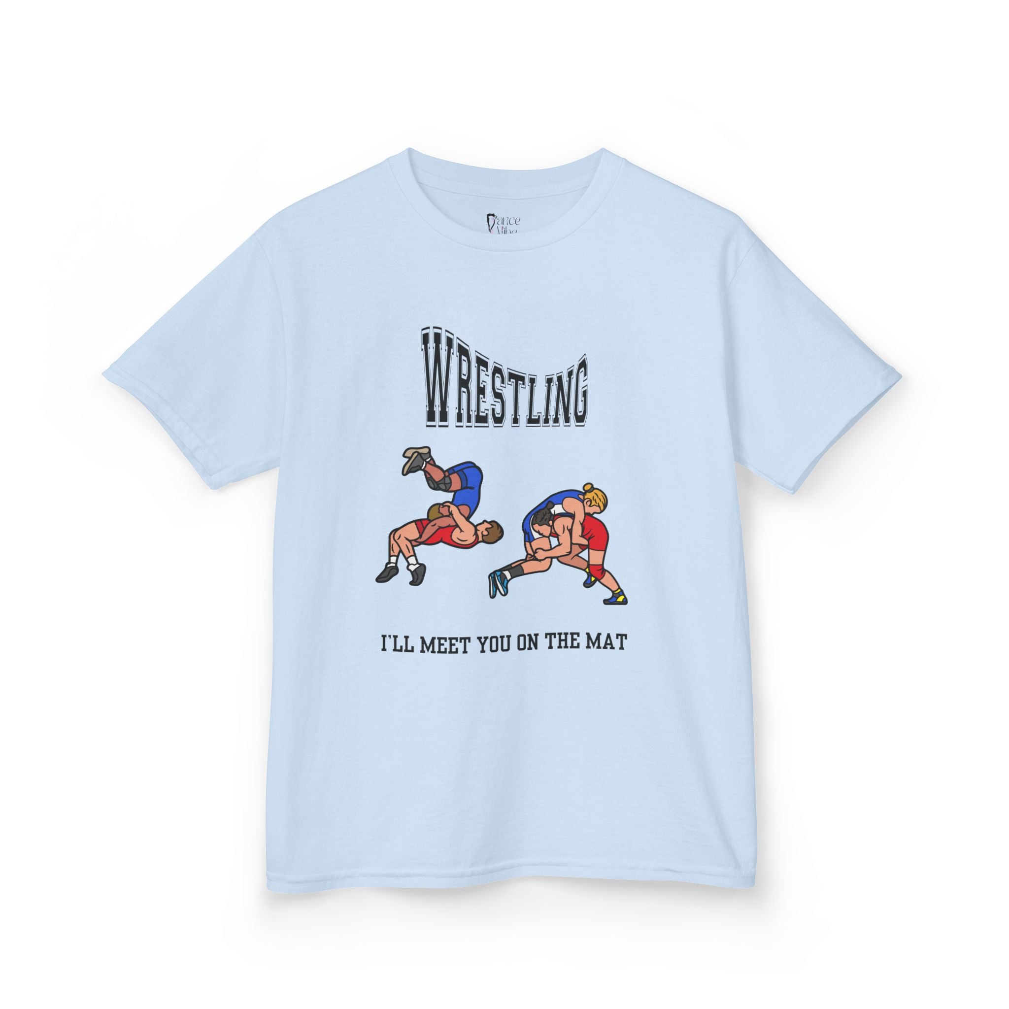 Front view of a youth Gildan 5000B heavy cotton t-shirt in light blue with a Wrestling text and graphic