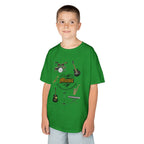 Young boy wearing a youth Gildan 5000B heavy cotton t-shirt in irish green with a Music A Universal Language theme