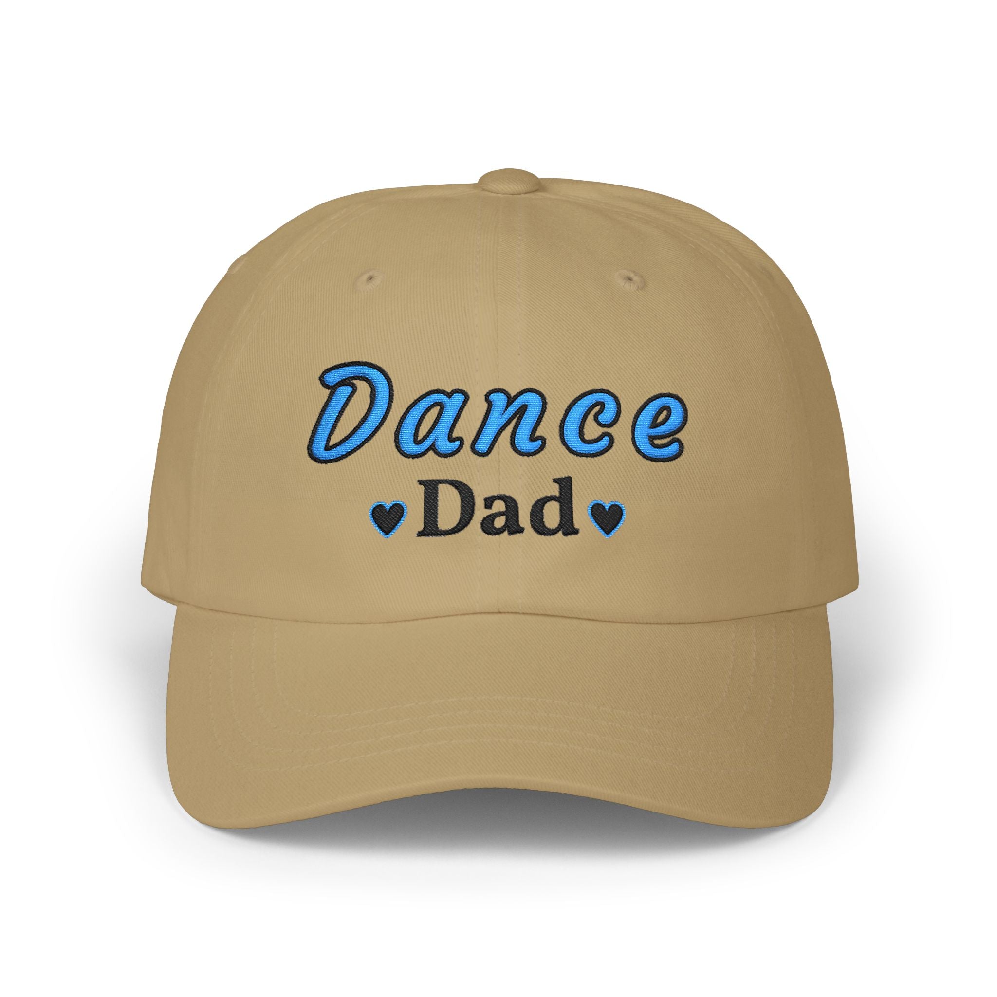 A khaki baseball cap with Dance Dad embroidered on the front.