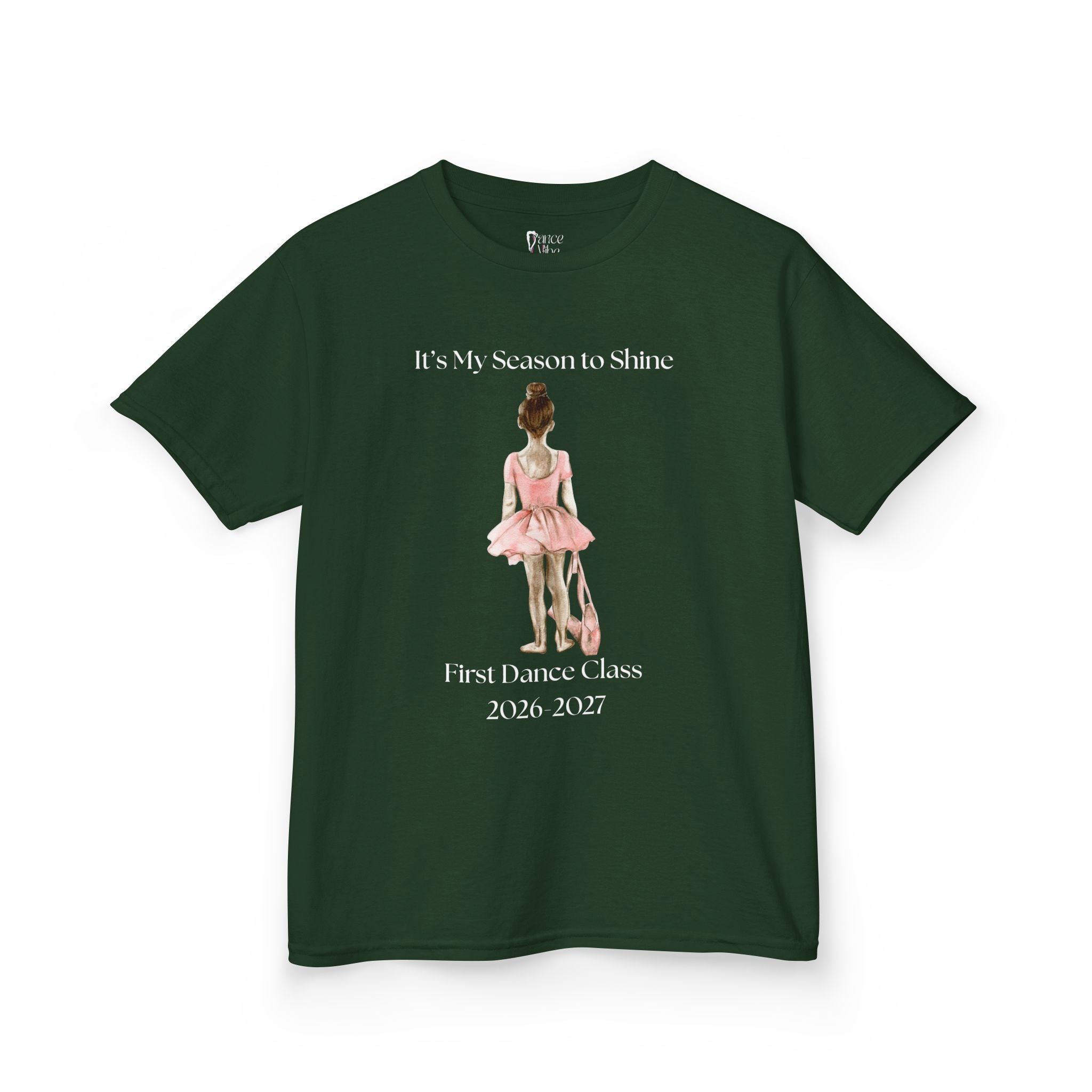 Front view of a youth Gildan 5000B heavy cotton t-shirt in forest green with a First Dance Class theme