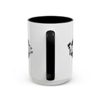 15oz white ceramic Cheer mug with black handle and interior Handle view