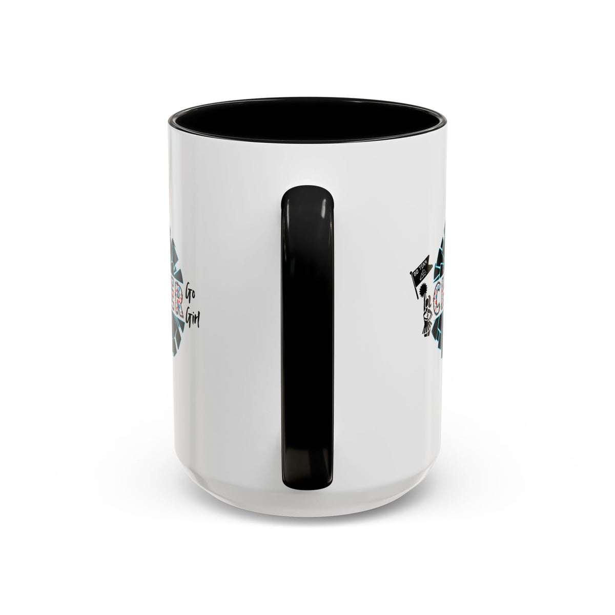 15oz white ceramic Cheer mug with black handle and interior Handle view