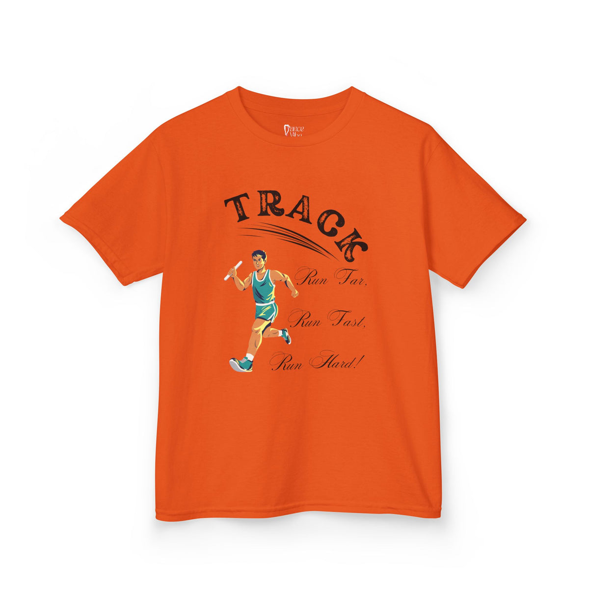 Front view of a youth Gildan 5000B heavy cotton t-shirt in orange showing a boy running Track