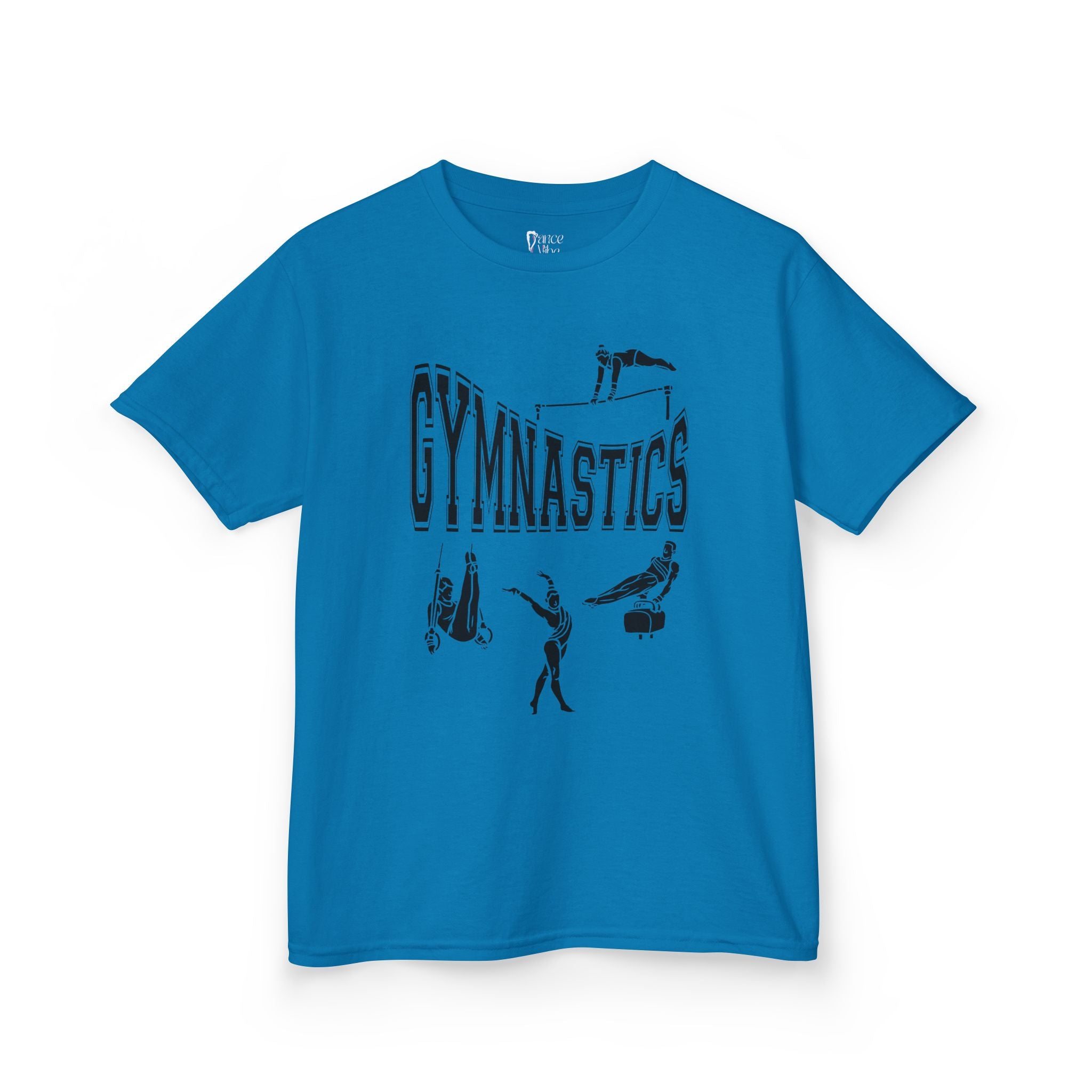 Front view of a youth Gildan 5000B heavy cotton t-shirt in sapphire with a gymnastics text and graphic
