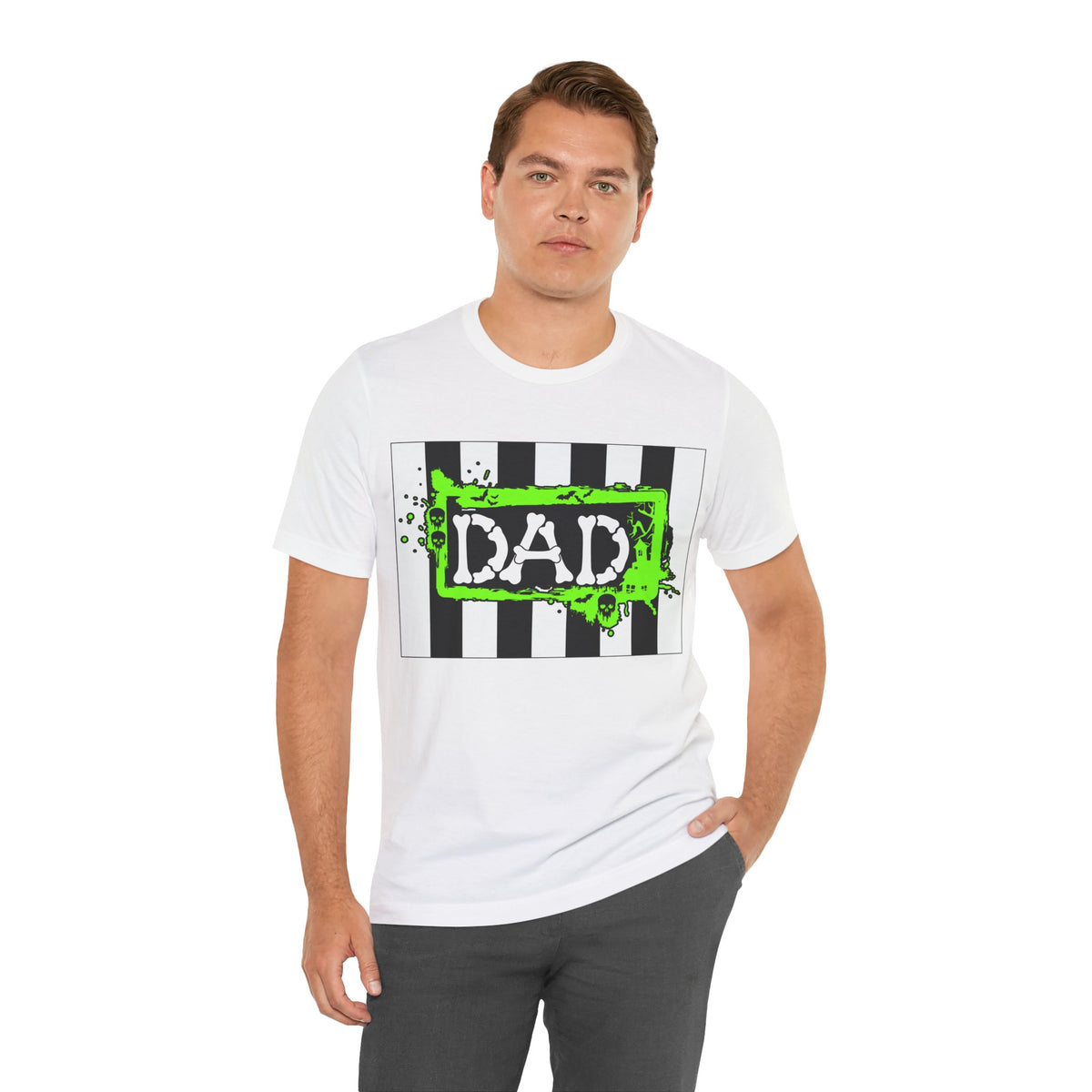 Man wearing a Beetlejuice inspired Halloween DAD shirt in white.