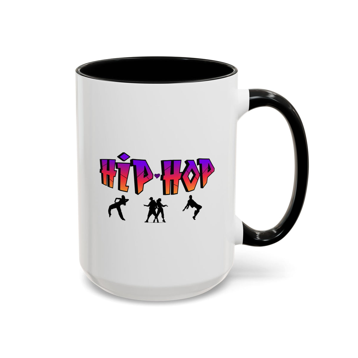 15oz white ceramic Hip Hop Dance mug with black handle and interior Right handed view