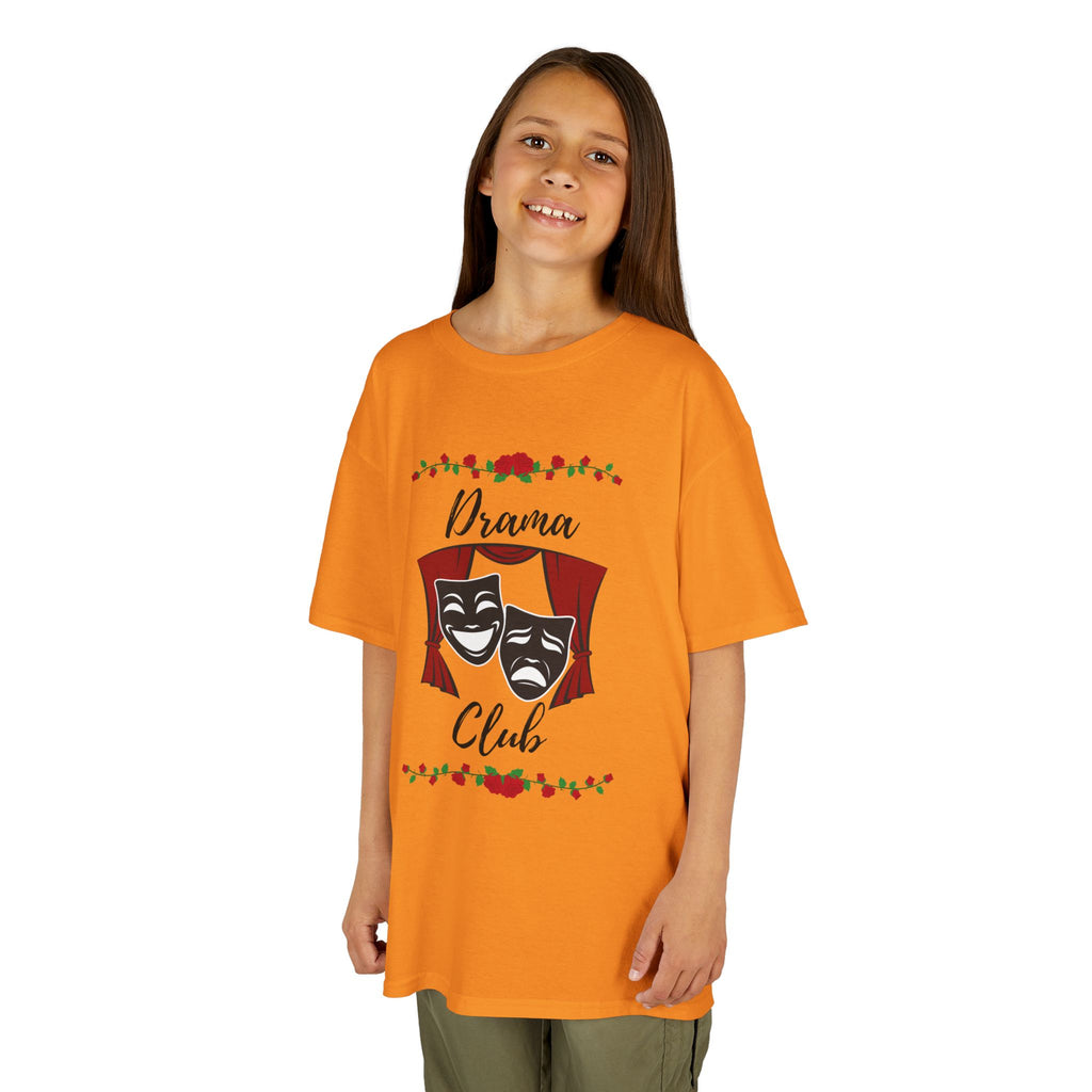 Young girl wearing a youth Gildan 5000B heavy cotton t-shirt in tennessee orange with a Drama Club text and graphic 