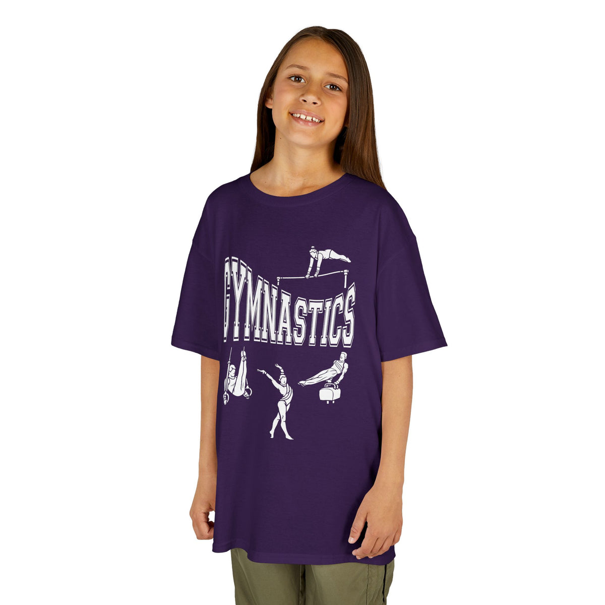Young girl wearing a youth Gildan 5000B heavy cotton t-shirt in purple with a gymnastics text and graphic